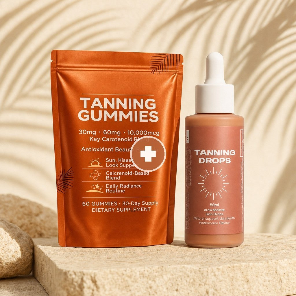 Tanning Gummies + Tanning Drops — exact packaging, designed to layer (Drops −10% as a duo).