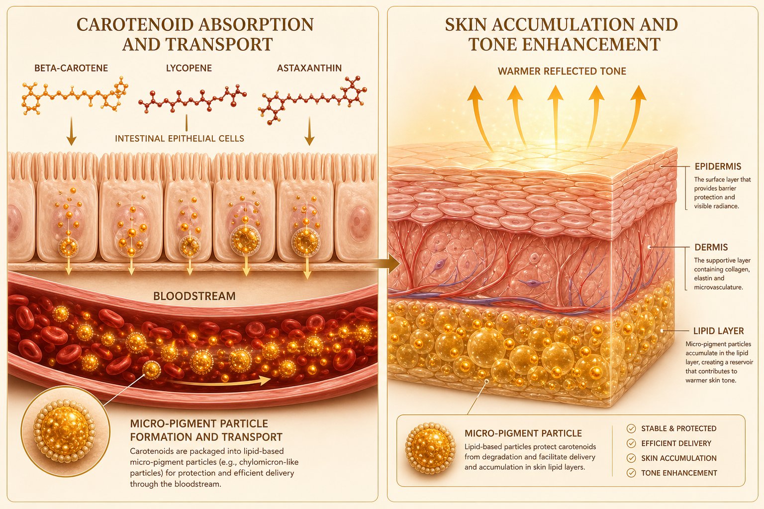 Absorption → transport → accumulation → warmer reflected tone (educational illustration).