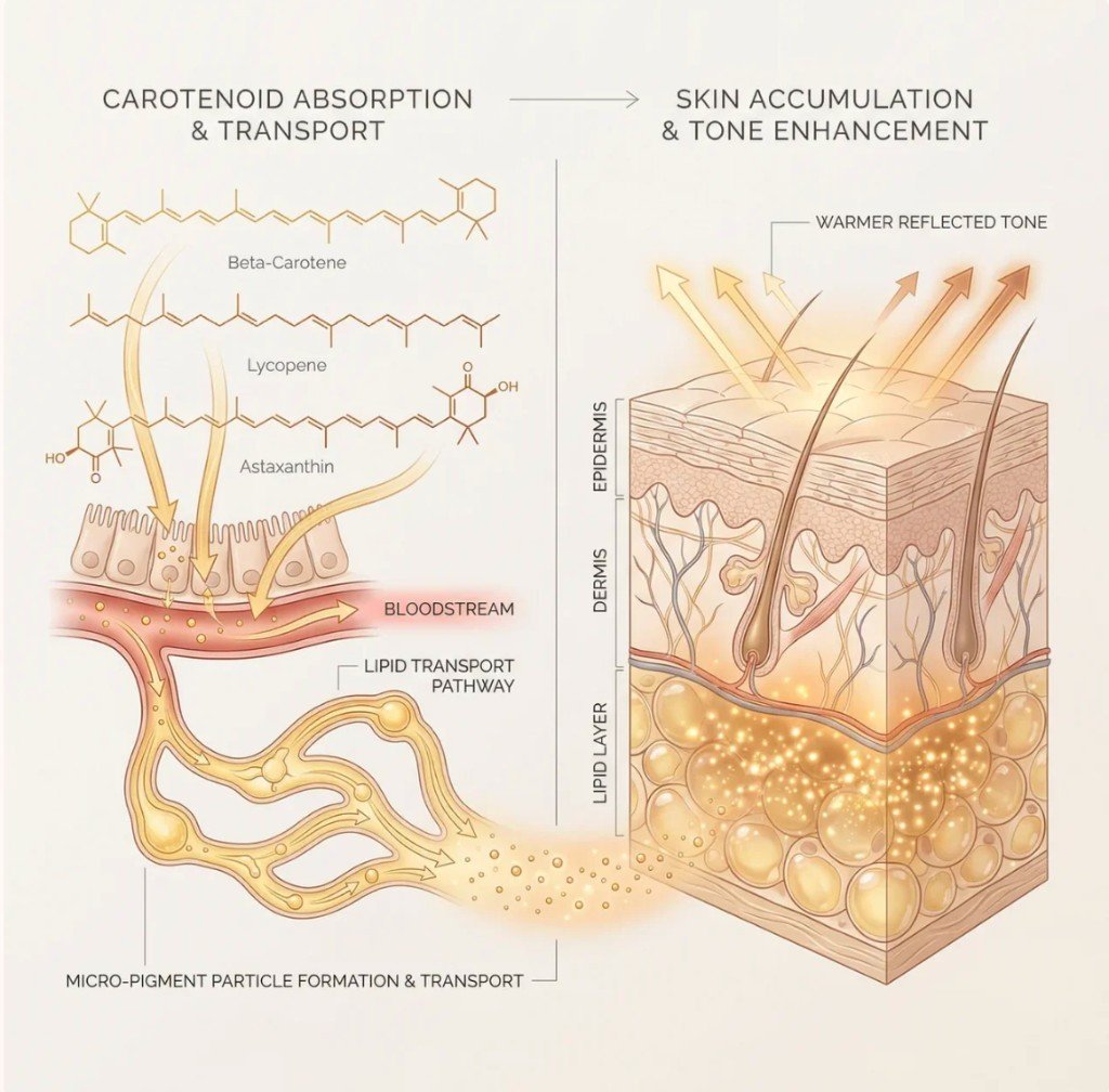 Color can build from carotenoid pigments inside the body — without UV damage.